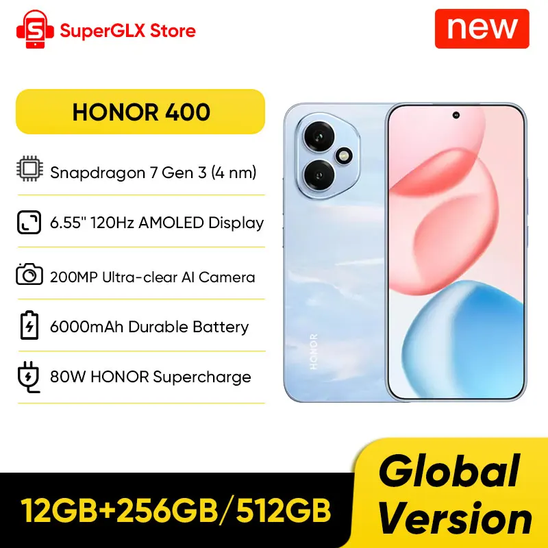 【브랜드+】2025 HONOR 400 5G 글로벌 버전 스마트폰 6.55'' AMOLED 스크린 200MP 카메라 6000mAh 100W 슈퍼차지 OTG NFC