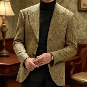 클래식 이탈리아 남성 정장 재킷, 싱글 브레스티드, 가을 겨울 레트로 따뜻한 정장 남성 헤링본 비즈니스 캐주얼 남성 의류