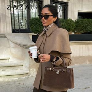 자자 시크 숄 울 재킷 여성용 긴 소매 싱글 브레스티드 라펠 케이프 코트 2025 신상 여성 가을 겨울 아우터