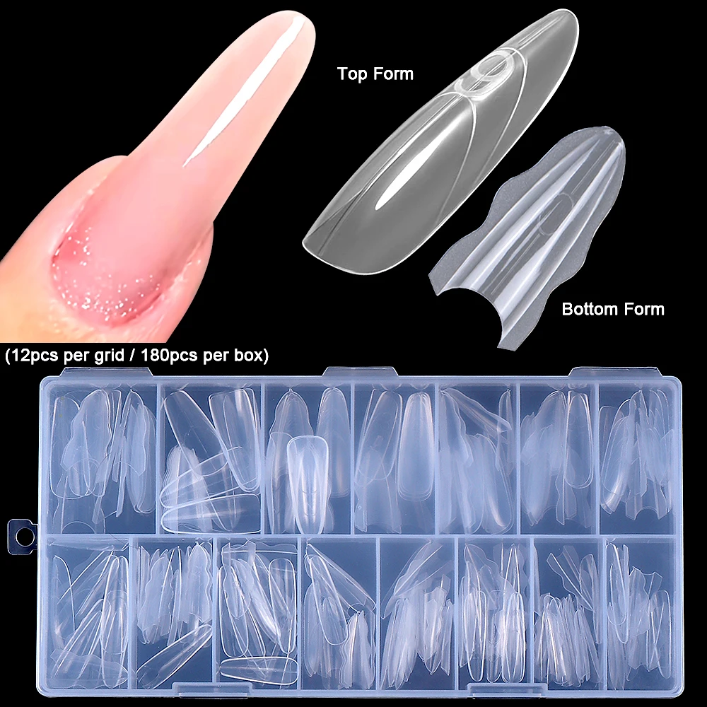 1박스 듀얼 네일 폼 신제품 180개 15가지 사이즈 연장용-듀얼 폼 롱 코핀 아몬드 탑/바텀 네일 폼 매니큐어 연장 도구