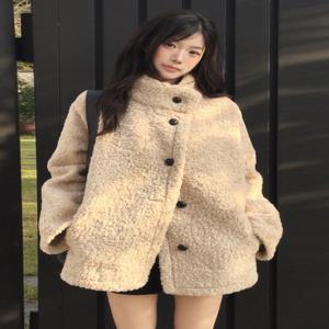 레트로 스타일 스탠드 칼라 양털 재킷 여성용 루즈핏 다용도 코트 한국 스타일 겨울 신상 따뜻한 가죽 및 모피