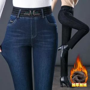 겨울 플러스 벨벳 스트레치 청바지 여성 특대 40 높은 허리 스키니 Vaqueros 두꺼운 따뜻한 데님 바지 패션 엄마 연필 바지