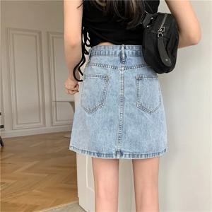 하이웨이스트 데님 스커트, 다용도 미디 기장 캐주얼 A라인 숏 스커트, 연청 슬리밍 랩 스커트 (여성용)