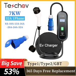 Teschev 휴대용 EV 충전기 220V 7KW J1772 Type1 IEC62196 Type2 GBT 충전기 32A 전기 자동차 용 가변 전류 충전기