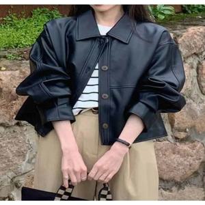 여성용 크롭 가죽 재킷, 하이 스트리트 블랙 펑크 PU 코트, 얇은 빈티지 캐주얼 가죽 블레이저, 2024 패션 트렌드