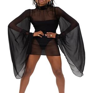 Womens bikini Cover Up 시스루 비치 미니 드레스 플레어 슬리브 터틀넥 수영복 Summer Beachwear