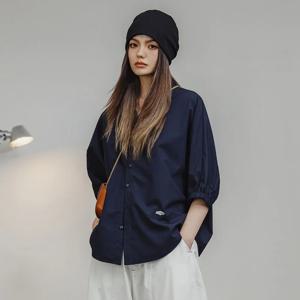 Maden 여성용 3/4 소매 셔츠, 루즈 블라우스, 배트윙 슬리브, 캐주얼 통기성 스탠드 칼라 상의, 용수철 및 여름 블루 셔츠