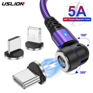 USLION 540 회전 5A 마그네틱 케이블 고속 충전 유형 C 케이블 마이크로 USB 자석 충전 전화 데이터 라인 와이어 iphone 15 Xiaomi