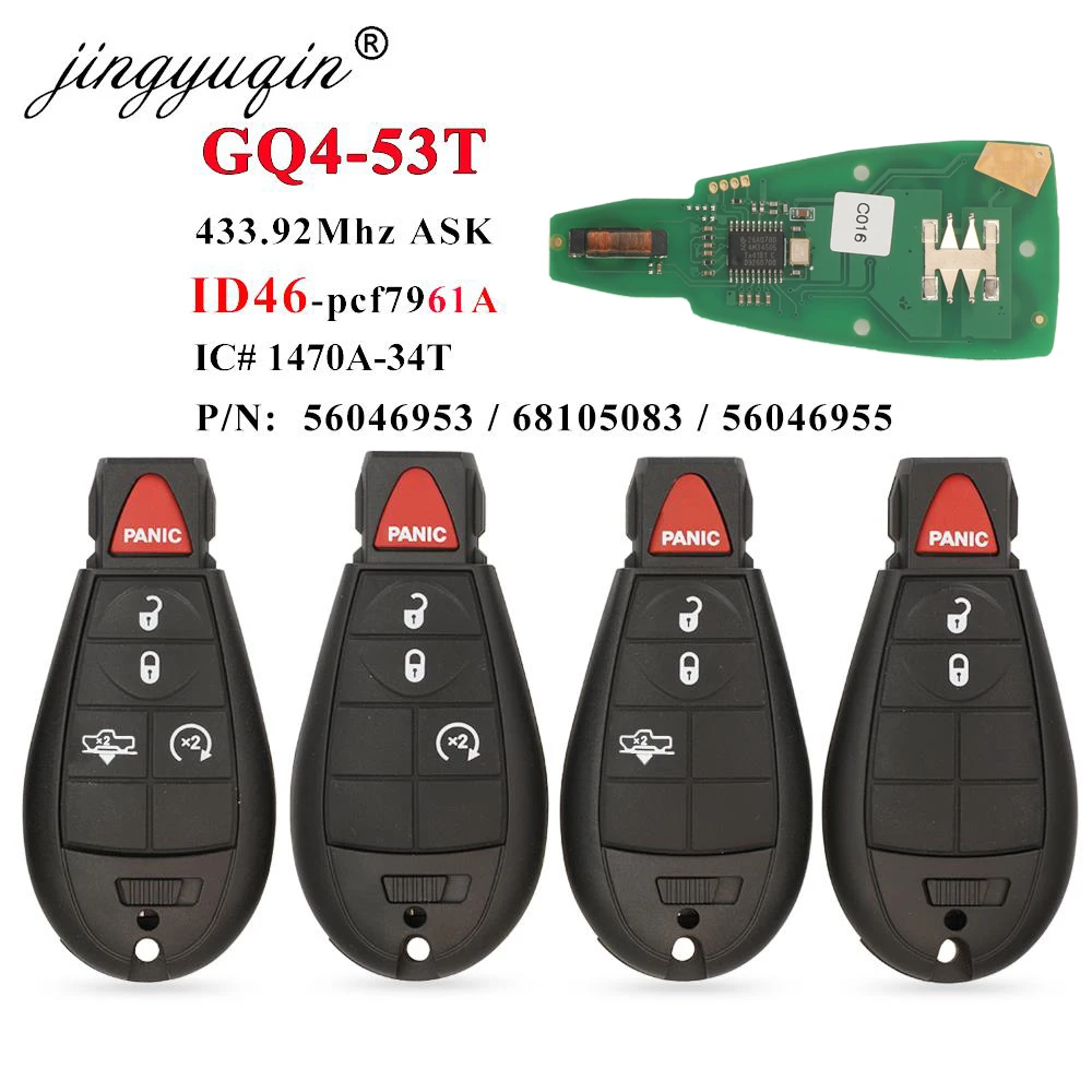Jingyuqin GQ4-53T Fobik 원격 자동차 키 433MHz ID46-PCF7961A 칩 Dodge RAM 1500 2500 3500 4500 2013-2018 56046953 68159655