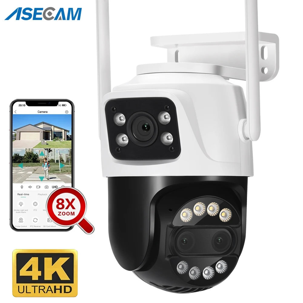 ASECAM 12MP 6K Wifi 카메라 8X 줌 듀얼 스크린 Ai 인간 감지 자동 추적 CCTV 야외 보안 감시 카메라 iCSee