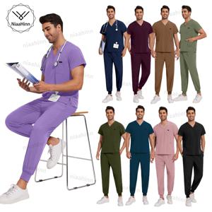 남성용 병원 스크럽 간호사 액세서리, 반팔 탑 스크럽 조거, 세트 수술 가운, 통기성 작업복, 여성용 스크럽