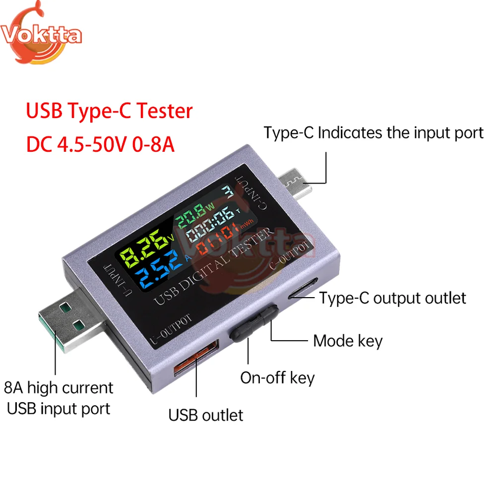 듀얼 USB Type-C 테스터 DC 4.5-50V 0-8A 다기능 디지털 디스플레이 전압 전류계 전력계 보조베터리 충전 테스터