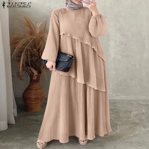 ZANZEA 패치 워크 랜턴 슬리브 Abaya 가운 여성 Plisse 계층화 된 우아한 맥시 드레스 이슬람 패션 이슬람 Hijab Pleated Dress