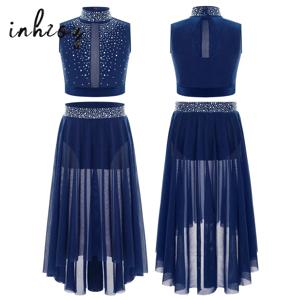 여아용 모던 서정적 댄스 세트, 모크넥 민소매 크롭탑, 불규칙한 메쉬 스커트, 라인스톤 스케이트 발레 댄스웨어