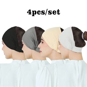 4pcs 뜨거운 판매 저지 모달 Hijab Underscarf 주름 머리띠 랩 일반 색상 이슬람 Hijab 내부 탄성 이슬람 Turban 보닛