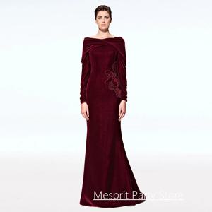 부르고뉴 댄스 파티 드레스 맞춤형 보트 넥 긴 소매 구슬 스팽글 스윕 기차 벨벳 인어 이브닝 가운 파티 드레스