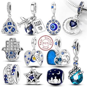 뜨거운 925 스털링 실버 매력 비즈 사랑 심장 럭키 스타 비행기 블루 지르콘 매력 펜던트 맞는 팔찌 매력 여성 쥬얼리