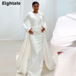 Eightale 아랍어 웨딩 드레스 페르시 진주 오-넥 맞춤형 새틴 화이트 아이보리 긴 소매 이슬람 신부 가운 Robe De Mariée