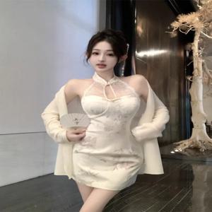 우아한 중국 스타일 짧은 치파오 드레스 여성 여름 아름다운 바디콘 레이스 홀터넥 스트랩리스 미니 드레스 캐주얼 웨어