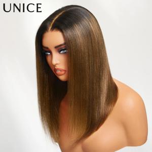 Unice 헤어 밤나무 갈색 야키 스트레이트 밥 가발 7x5 프리 컷 프리 표백 글루리스 가발 인간의 머리카락 착용 준비 150% 밀도