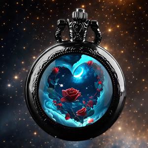 레드 로즈 블루 별이 빛나는 석영 운동 회중 시계, 세련된 블랙 목걸이 체인, 여성을위한 클래식 절묘한 선물 시계