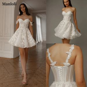 아름다운 연인 짧은 웨딩 드레스 오프 어깨 3D 꽃 레이스 짧은/미니 A 라인 웨딩 드레스 사용자 정의