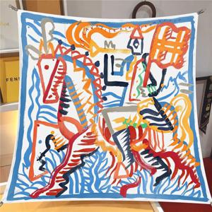 뉴 스퀘어 90cm 미디엄 스카프 프린트 스카프 숄 가을 핸드페인팅 그래피티 말 여성용 자외선 차단 대형