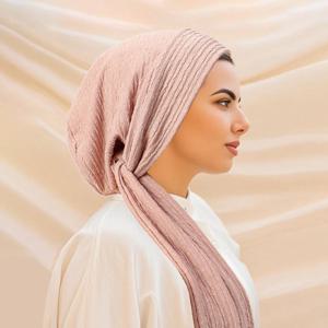 여성 이슬람 Hijab Pre-Tied Hat Headscarf 주름 긴 꼬리 Chemo 모자 붕대 보닛 헤드 랩 Bandanas 머리띠 Turbante Mujer