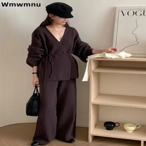 V넥 캐주얼 니트 스웨터 투피스 세트 우아한 레이스업 가디건 탑 콘준토 여성 루즈핏 하이웨이스트 와이드 레그 앙상블