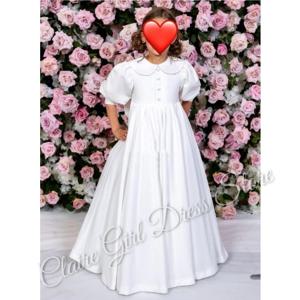 맞춤형 흰색 꽃무늬 여자아이 드레스, 웨딩 인형 칼라 퍼프 하이웨이스트 주름 아기 유아 생일 첫 영성체 가운