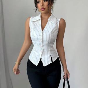 2025 여름 신상 미국 유럽 여성 슬림 민소매 싱글 버튼 V넥 스트라이프 셔츠 여성 가디건 탑