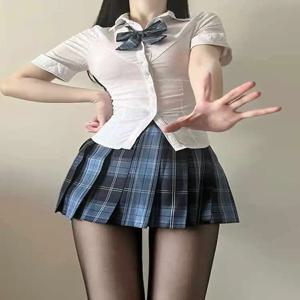 오리지널 JK 셔츠 여성용 허리 조임 폴로 칼라 반팔 유니폼 세트 격자무늬 스커트 투피스 학생용