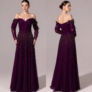 맞춤형 네트 아플리케 스팽글 오프 숄더 A 라인 롱 드레스 여성 럭셔리 이브닝 맞춤형 행사 우아한 반짝이