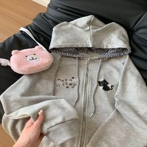 Ropa Mujer 일본 귀여운 후드 코트 귀여운 고양이 프린트 후드 티셔츠 Y2K 탑 여성 의류 캐주얼 지퍼 루즈 후드