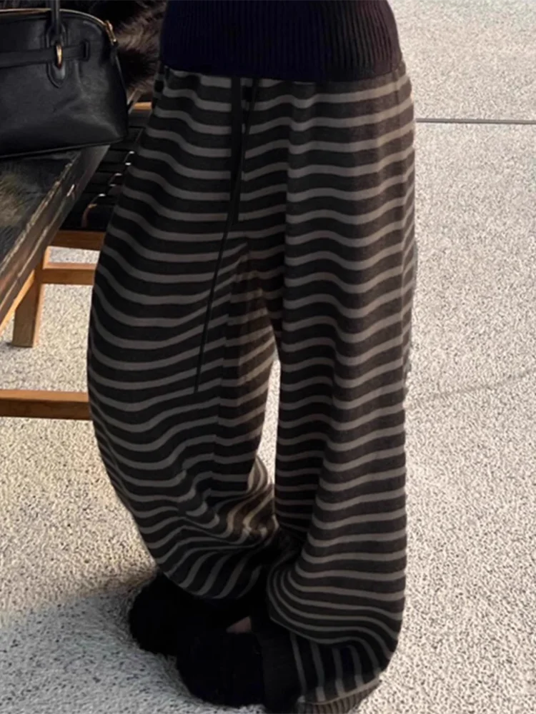 하라주쿠 대비 컬러 스트라이프 여성 와이드 레그 팬츠 빈티지 그런지 루즈 니트 팬츠 Y2K 아메리칸 캐주얼 레이디 스트레이트 바지