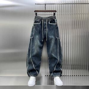 2025년 봄 가을 신상 스플라이싱 커팅 밴딩 허리 큰 사이즈 남자아이 워싱 루즈핏 와이드 레그 큰 포켓 시미타르 드로스트링 청바지