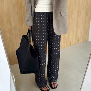 리나드 캐주얼 블랙 롱 도트 팬츠 여성 스트릿 시크 로우 웨이스트 와이드 레그 팬츠 가을 패션 폴리에스터 루즈 트라우저 2025 가을