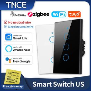 TNCE 투야 미국형 스위치 WIFI 또는 Zigbee 필요/중성선 불필요 1/2/3/4 갱 스마트 터치 컨트롤러 알렉사 구글 홈 음성 지원