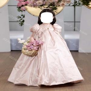 결혼식 유아를위한 핑크 꽃 소녀 드레스 높은 허리 풍선 슬리브 미인 대회 드레스 맞춤형 어린이 생일 파티 공 가운