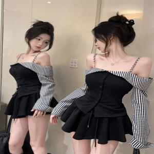 한국식 달콤한 원숄더 긴팔 여성 셔츠 하이웨이스트 슬림 플리츠 미니스커트 투피스 세트 패셔너블 출퇴근 스타일