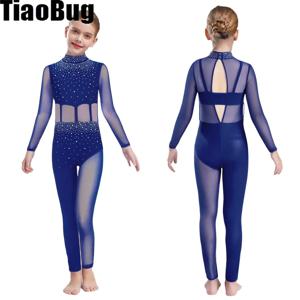 여자 체조 레오타드 점프 슈트 피겨 스케이팅 댄스 의상 모크 넥 긴 소매 쉬어 메쉬 반짝 이는 라인스톤 바디 슈트