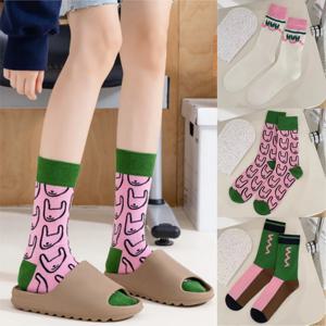 1 3켤레 여성용 귀여운 면 양말 - 핑크 그린 하라주쿠 양말 추상 만화 프린트 사계절 캐주얼 크루 양말 EU 35-40