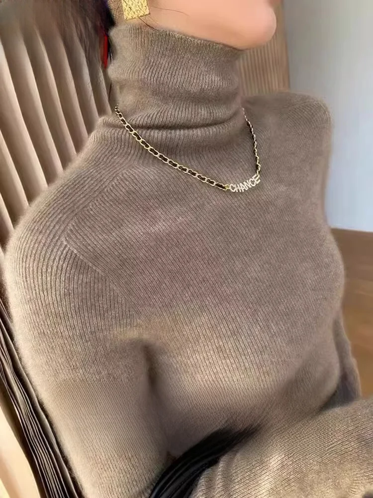 가을 겨울 두꺼운 하이넥 캐시미어 스웨터 여성 슬림핏 니트 긴팔 단색 울 터틀넥 탑