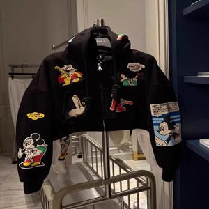 레트로 아메리칸 후드 재킷 여성용 짧은 프린트 아우터웨어 봄 가을 미키 만화 캐릭터 캐주얼 루즈핏 셔츠
