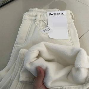 겨울용 따뜻한 화이트 하이웨이스트 데님 진 여성용 스트레이트 레그 레트로 와이드 레그 데님 팬츠 코듀로이 벨벳 캐주얼 슬림 데님 바지