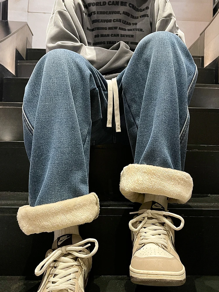 남성용 겨울 청바지 플리스 안감 두꺼운 따뜻한 데님 바지 한국 스타일 스트레이트 핏 보온 바지 아시아 사이즈 M-3XL