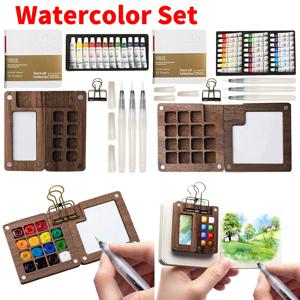 수채화 팔레트 세트 (나무 페인트 상자 포함) 미니 여행용 페인트 팔레트 세트 (바인더 클립 포함) 미술 애호가를 위한 수채화 물감 세트