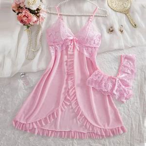 핑크색 귀여운 여성용 달콤한 나이트드레스와 팬티 파자마 세트 민소매 홀터 나이트가운 숏 세트 V넥 브라 끈팬티 고급 세트