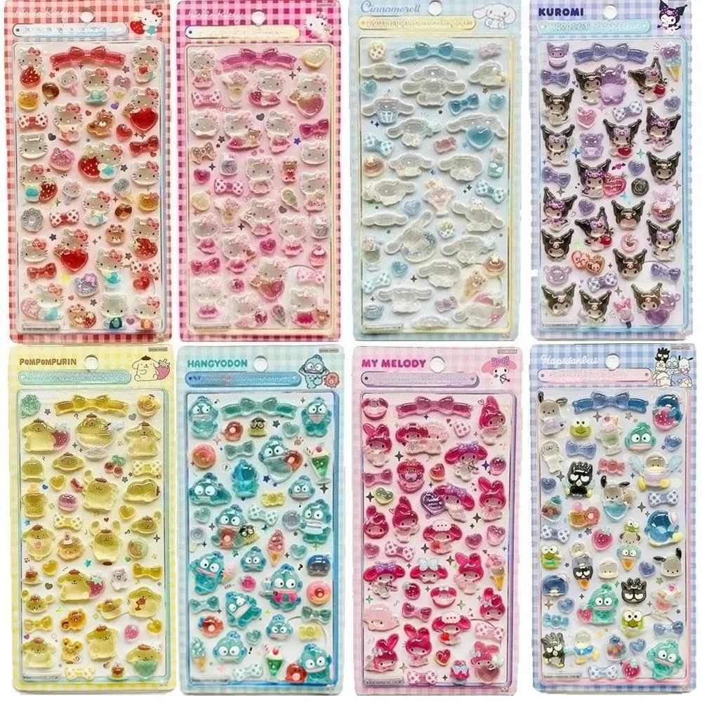 귀여운 애니메이션 헬로키티 쿠로미 시나모롤 3D 산리오 스티커 투명 젤리 크리스탈 장식 스티커 전화 케이스 DIY 어린이 장난감