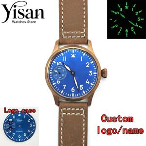 DIY 시계 42mm 수동 와인딩 무브먼트 ST3600에 적합 로즈 골드 케이스 사파이어 글래스 블루 다이얼 가죽 팔찌 녹색 발광